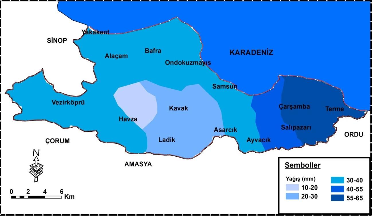 40-55 mm, kıyı boyu ve Vezirköprü çevresini de içine alacak şekilde 30-40 mm, Ladik, Kavak, Asarcık ı içine alacak şekilde ise 20-30 mm civarındadır.