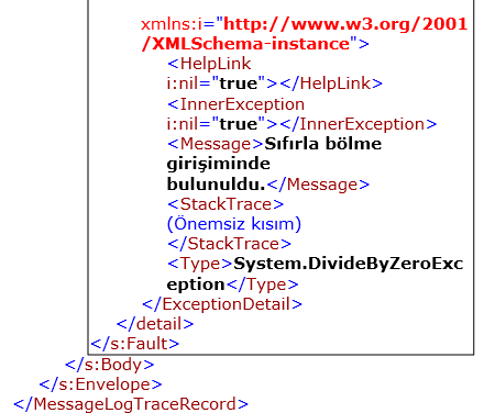 Mesaj İletişim 1: Hatalarda istisna durumu detaylı göstermesi istenmemiş olduğunda görülen iletişim mesajı içeriği SOAP 1.