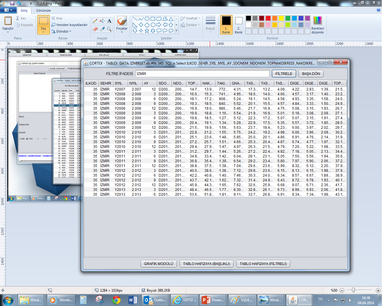24 Excel dosyasından SQL ile çekilen verileri CORTEX verileri filtrelenebilen ve sort