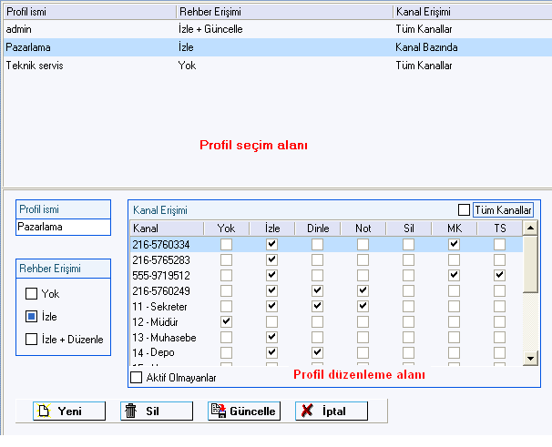 PROFİLLER VRX yazılımında çeşitli yetkilere sahip kullanıcı profilleri oluşturulabilir. Bu profiller daha sonra sistemin kullanıcılarının tanımlanmasında kullanılırlar.