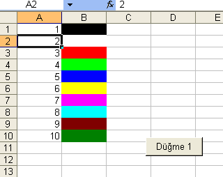 27 Sub Düğme1_Tıklat() i = 1 s = 1 For k = 1 To 40 ActiveSheet.Cells(k, 1) = i i = i + 1 Next For m = 1 To 10 ActiveSheet.