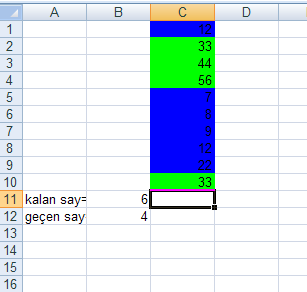 31 (2013 yaz döneminde güncelleştirildi) Aynı sorunun başka bir yöntemi limit = Val(InputBox("lütfen kalma limini giriniz")) For a = 1 To 10 If Cells(a, 3) < limit Then Cells(a, 3).Interior.