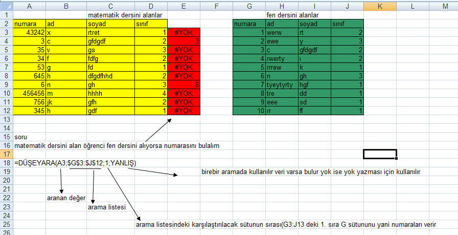 5 Bu listeye göre aşağı satırlarda çalışan noya göre bilgi çekelim bu iş için düşey ara formülünden yardım alınır.