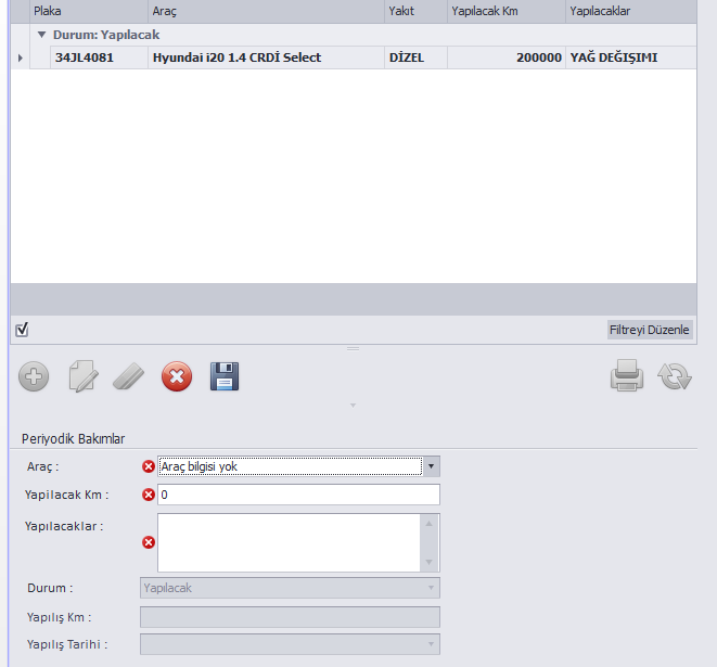 Araç: Periyodik Bakım Edilen Aracı Seçeceğiniz Alandır ve Girilmesi Zorunludur. Yapılacak Km : Aracınızın kaç Km rede bakıma gireceğiniz alandır ve Girilmesi Zorunludur.