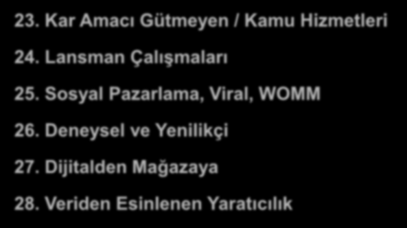 Kategoriler! Stratejiler ve Hedefler 23. Kar Amacı Gütmeyen / Kamu Hizmetleri 24. Lansman Çalışmaları 25.