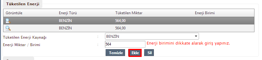 5.1.2 Çalışan Bilgisi Çalışan bilgisi Şekil 57 de görülen alanlar doldurularak kayıt edile bilinir. Şekil 57 Çalışan Bilgisi Ekranı 5.1.3 Tüketilen Enerji Tüketilen enerjileri Şekil 58 de gösterilen alanlar doldurulup Ekle botuna basarak tüketilen enerji listesine ekleyebilirler.