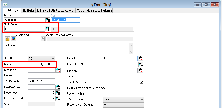 İş emrine ait üretim sonu kaydı varsa X (*) ÜSK miktarı X (*) ÜSK miktarı (*): İlgili kontrol parametreye bağlıdır: üretim parametreleri / işemrine bağlı USK girilmiş ise ilgili işemri iptal