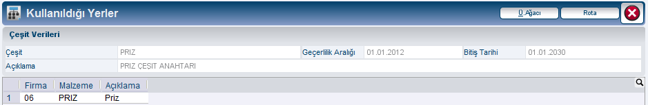 Yukarıdaki ekranda görülen tabloda(resim-11) PRIZ çeşit anahtarı için tipi,fiş sayısı ve kablo uzunluğu özellikleri görülmektedir. Dikkat edilirse kablo uzunluğu değişken olarak işaretlenmiştir.