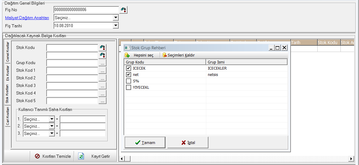 Şekil 15 Stok kısıtlarında; stok kodu, grup kodu, kod1/2/3/4/5 alanlarına kısıt verilerek dağıtılacak belgelerin gelmesi sağlanır.