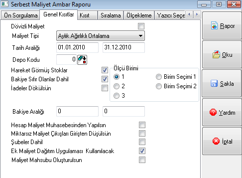 Şekil 36 Son Giren İlk Çıkar (LIFO) İlk Giren İlk Çıkar (FIFO) Lokal Depo Maliyet Raporu Stok Karlılık Raporu raporlarına ilgili parametre eklendi.