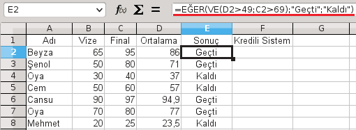 Ortalamalar için, birinci öğrencinin vize notunun yüzde 30'u ile final notunun yüzde 70'i D2 hücresine =B2*03+C2*0,7 işlemiyle toplanarak D8 hücresine kadar sürüklenir.