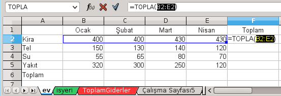 Örnek 1: Hücre referansların kullanılması -1 Örnek 1 etiketli resimde ev sayfasının F2 hücresine; Ocak, Şubat, Mart, Nisan aylarının kira giderlerini toplamak için =400+400+430+430 işlemi girilerek