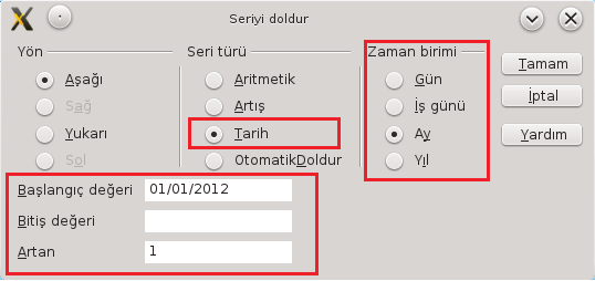 Resim 27: Seriyi doldur - Örnek-2 Seçtiğiniz hücre grubu tarih içeriyorsa seri türü otomatik olarak karşımıza tarih olarak gelir ve