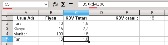 Resim 37: Formül içerisinde isim kullanmak-3 Bunu gerçekleştirmek için F1 hücresine isim olarak kdv adını vermemiz (Resim 37) ve formülümüzde F1 yerine kdv şeklinde kullanmamız yeterlidir (Resim 38).