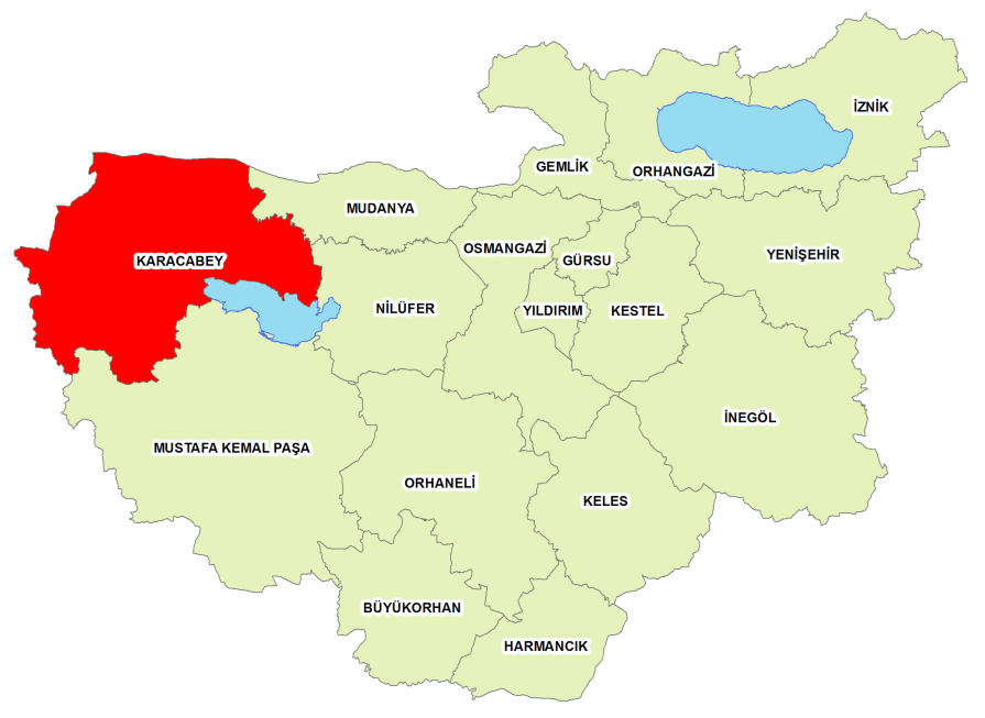 1. GENEL GÖRÜNÜM Karacabey, Bursa nın 62 km batısındadır. Yüzölçümü 1. 297 km 2, toplam nüfusu yaklaşık 80 bin olup nüfus yoğunluğu 61 kişi/km 2 dir. Merkeze bağlı 64 köyü vardır. 1.1. Coğrafya ve İklim Karacabey, Marmara Bölgesinin güney Marmara bölümünde, Bursa iline bağlı bir ilçedir.