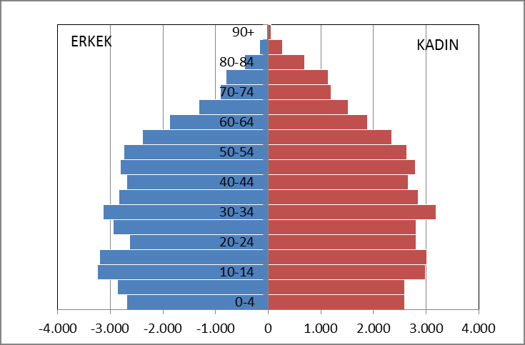 Grafik 1- Karacabey Nüfus 2007-2011 İlçe nüfusunun ortanca yaşı 36,4 tür ve ilçe için Nüfus Piramidi aşağıda verilmiştir.