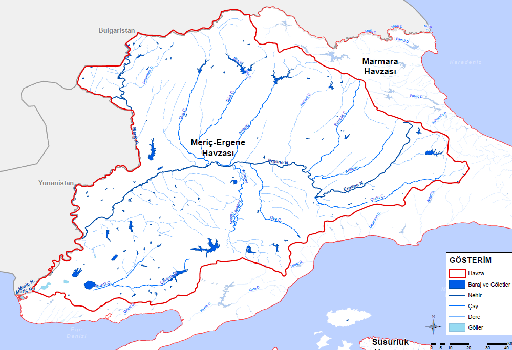 ERGENE HAVZASI ERGENE, ISTRANCA DAĞI NDAN DOĞAR, MERİÇ NEHRİYLE BİRLEŞEREK SAROZ KÖRFEZİNE DÖKÜLÜR.