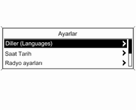 Göstergeler ve kumanda birimleri 115 Çok fonksiyonlu düğmeyi çevirerek veya basarak aşağıdaki ayarlar seçilebilir: Spor modu ayarları Diller (Languages) Saat Tarih Radyo ayarları Telefon ayarları