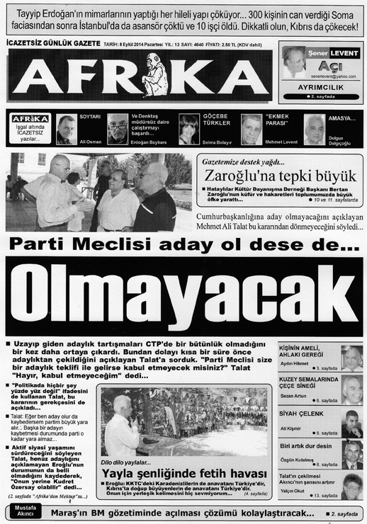 14 9 Eylül 2014 Salý DÜN Nöbetçi Eczaneler Lefkoþa Dilek Eczanesi: 27 Girne Cad. Saray Otel Yolu Akay Optik Yaný Tel:2281867 Özerçal Eczanesi: Raif Denktaþ Cad.