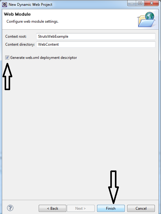 Generate web xml deployment descriptor seçeneği işaretlenir