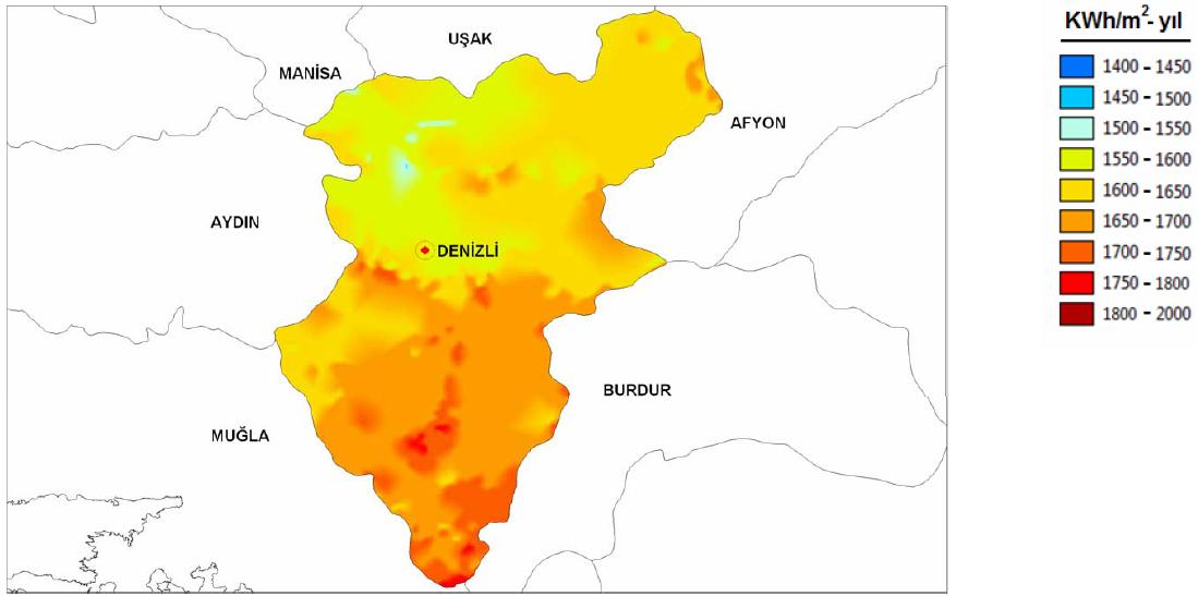 çalışmalarına göre Denizli nin yıllık güneş ışınım dağılımı Şekil 9.