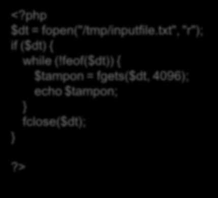 Dosya Kapatma fclose(); Açık bir dosya tanıtıcısını kapatır. $dt = fopen('birdosya.txt', 'r'); fclose($dt); Dosya İçeriğini Okuma fgets(); Dosya tanıtıcısından bir satır döndürür.