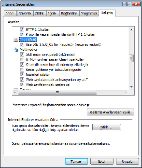 Şekil 4: İnternet Seçenekleri içinde Java bölümü bulunuyor. Örneğin bu resimde kullanıcının kurduğu JRE sisteme sorunusz eklenmiş durumda. Resimde Use Jre 1.6 yazısını görüyoruz.