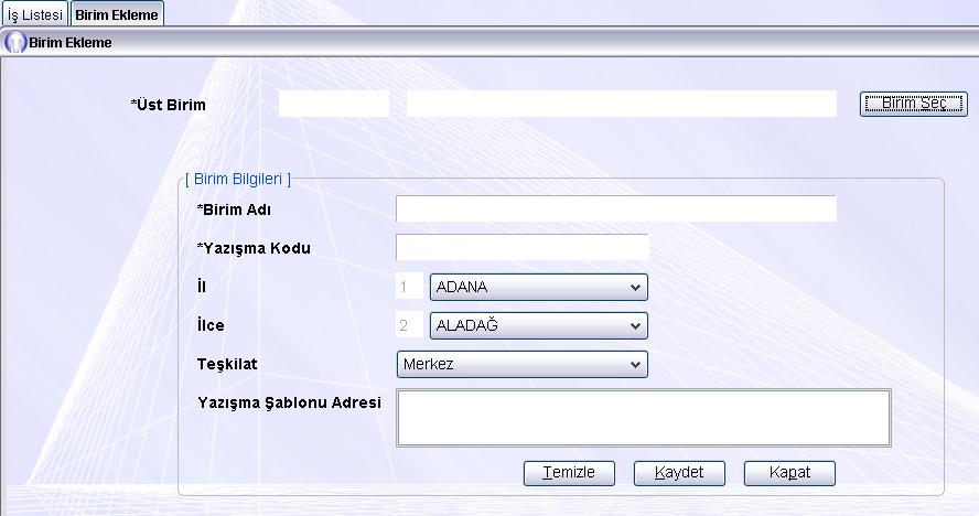 DYS Yönetici Ekranları - Birim Ekleme DYS Yönetici