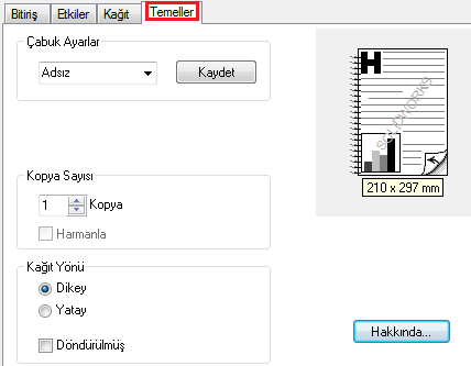 Kâğıt: Çıktı kâğıdı özellikleri belirlenir. Özel kutusu ile kullanıma özel çıktı Kağıt boyutları girilebilir. Ayarlar kayıt yapılabilir. Resim 1.