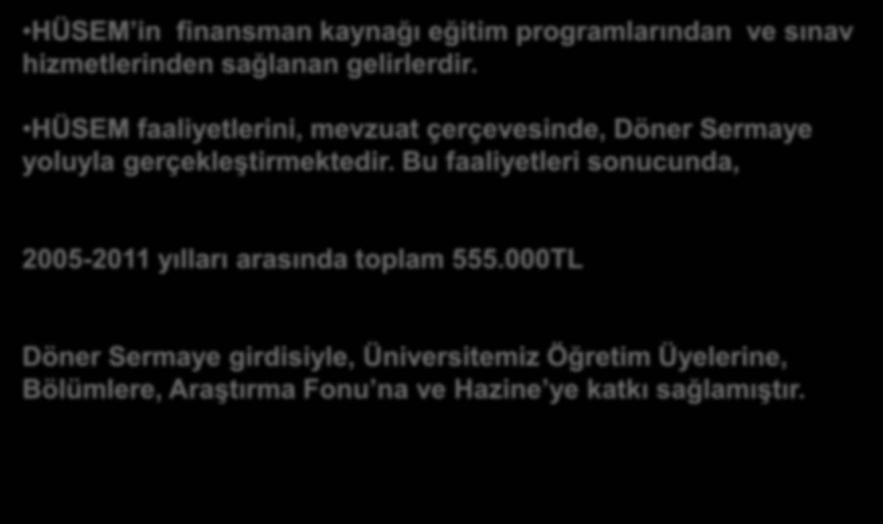 FİNANSMAN KAYNAĞI VE DÖNER SERMAYE GİRDİSİ HÜSEM in finansman kaynağı eğitim programlarından ve sınav hizmetlerinden sağlanan gelirlerdir.