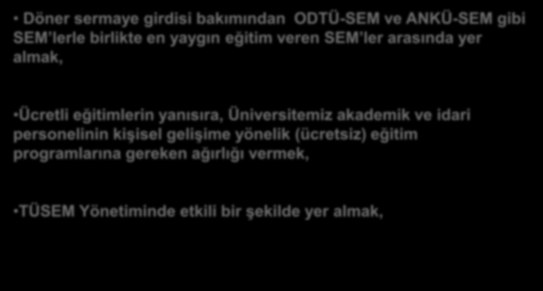 2012 DEN İTİBAREN HÜSEM in KONUMU Döner sermaye girdisi bakımından ODTÜ-SEM ve ANKÜ-SEM gibi SEM lerle birlikte en yaygın eğitim veren SEM ler arasında yer almak, Ücretli eğitimlerin