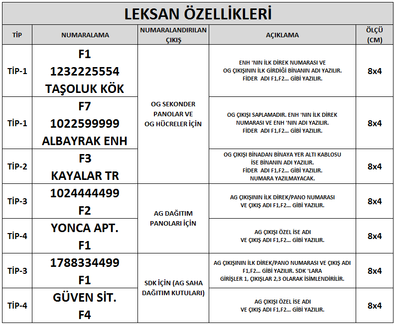 1245745575 F1). Eğer çıkıģ özel ise, envanter numarası yerine çıkıģın özel adı verilir. (TĠP4; GÜZELKENT APT. F5). Leksan özellikleri aģağıdaki gibidir. 3.5.3 Saha Dağıtım Kutuları (SDK, AG Box Pano)