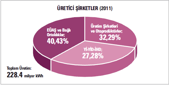 Türkiye'de elektrik üretiminin üretici kuruluşlar bakımından incelenmesi neticesinde kamu sahipliğini haiz üretim şirketi EÜAŞ'ın payının düşerken özel sektör tarafından üretilen elektriğin oranı her