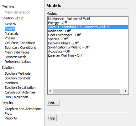 MODELS > Multiphase > Edit > Volume of Fluid, Models > Viscous > Edit > Standart k-epsilon seçilir. Şekil 5.