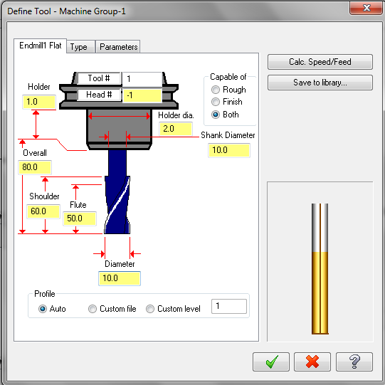 Resim 2.86: Tool sekmesi Tool dia: Takım çapı Corner radius: Uç köşe kavisi Tool name: Takım adı Tool #: Takım nu. Len. Offset: Boy telafisi Head #: -1. Magazin diziliş sırasındaki numara Dia.