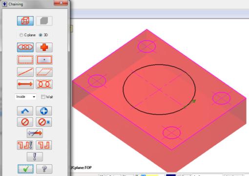 Toolpath menüden Pocket i seçiniz. Açılan Chaining penceresinden Chain ile ortadaki çemberi seçiniz. Takım yollarını seçmek Ekrana 2D Toolpath Pocket diyalog kutusu gelir.