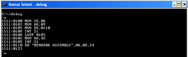 Bu işlemlerde kullanılan registerların durumunuda debug programıyla görüntüleyebiliriz. Şimdide 10 defa Merhaba Assembly Yazdıralım. Tabi böyle bir işi yaptırmanın değişik yolları mevcut.