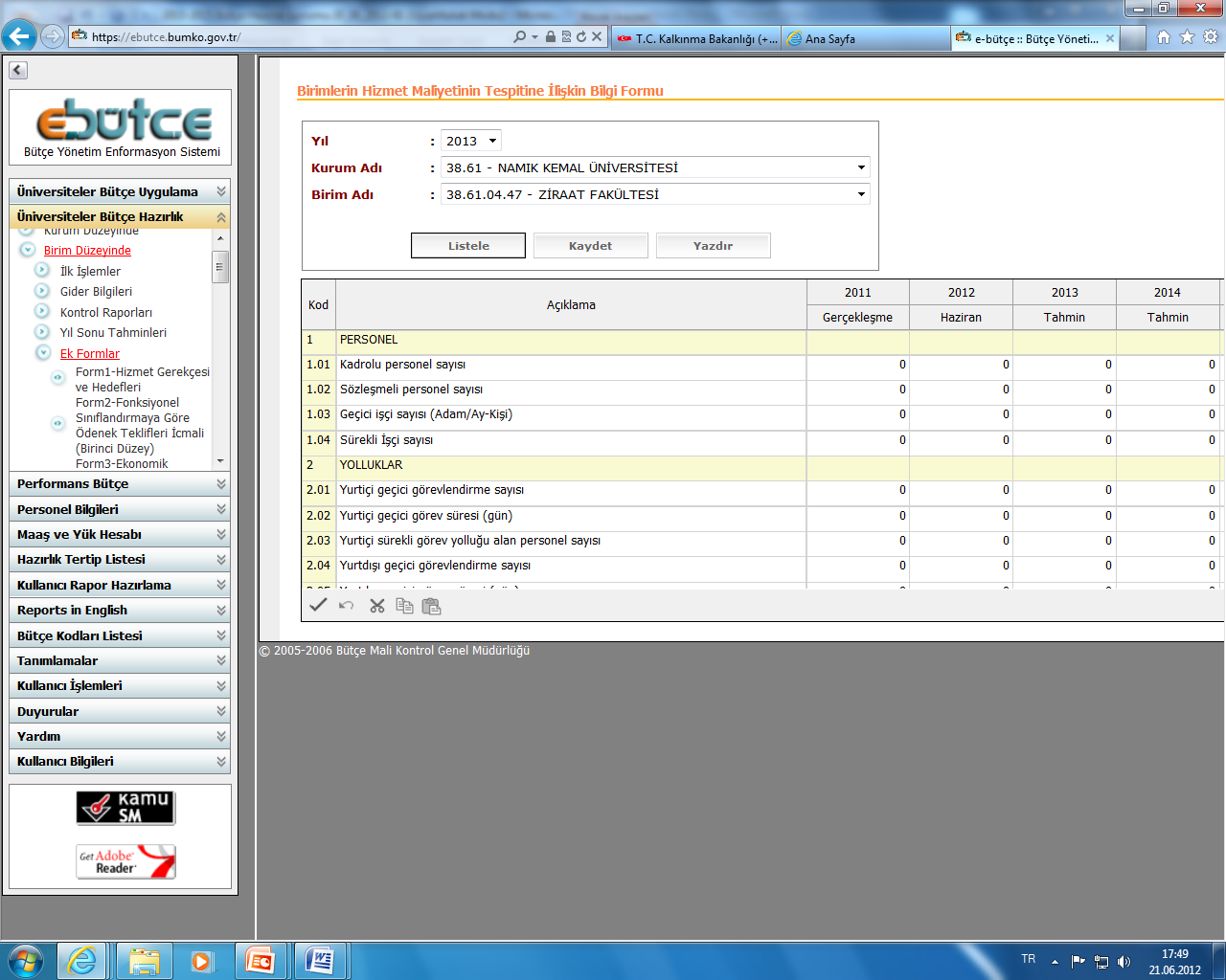 Bütçe Hazırlık Formları (Form-10