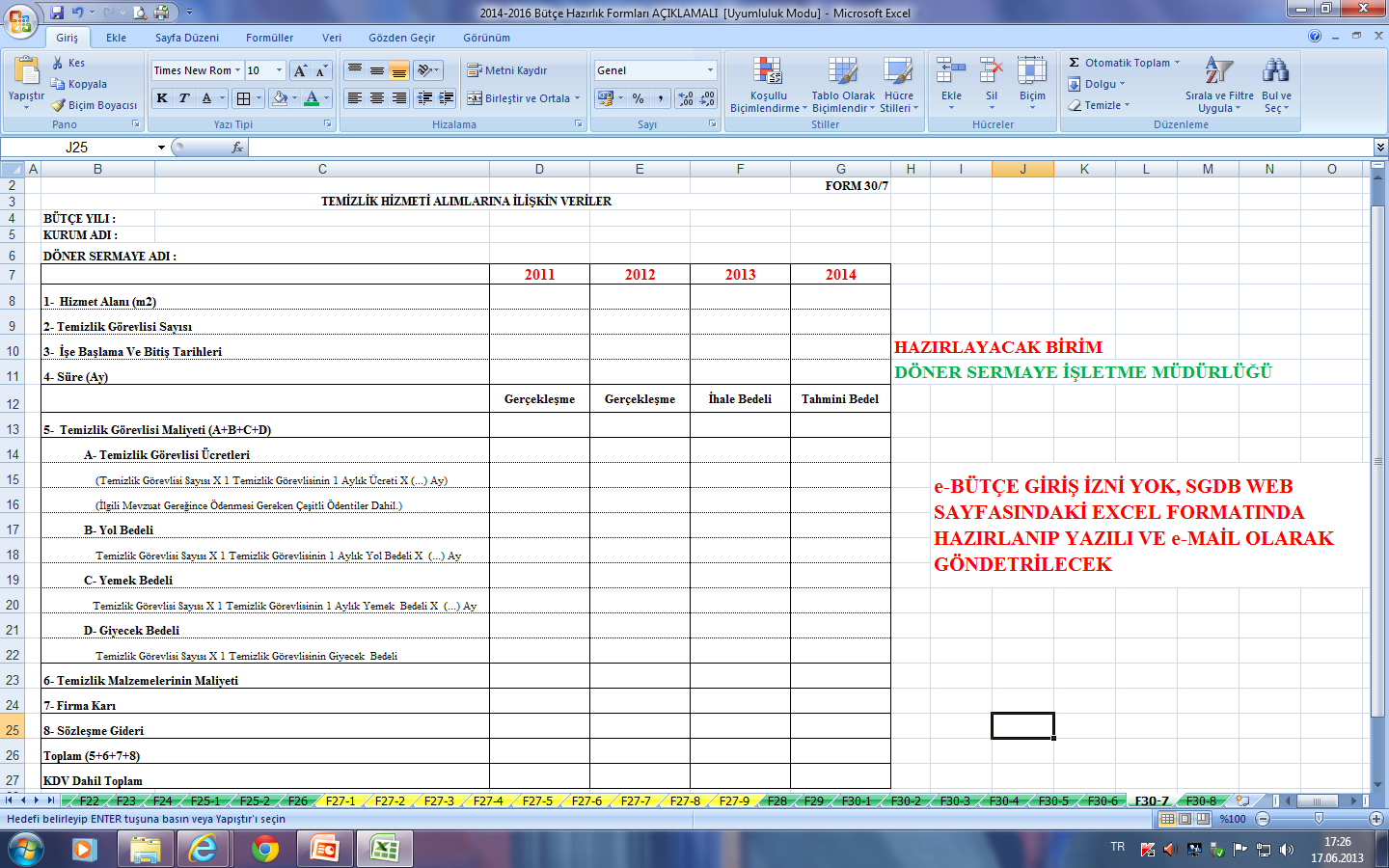 Bütçe Hazırlık Formları (Form-30/7