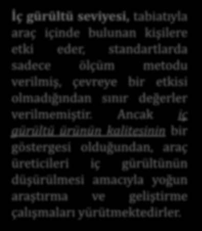 İç Gürültü Seviyesi İç gürültü seviyesi, tabiatıyla araç içinde bulunan kişilere etki eder, standartlarda sadece ölçüm metodu verilmiş, çevreye bir etkisi olmadığından sınır değerler verilmemiştir.