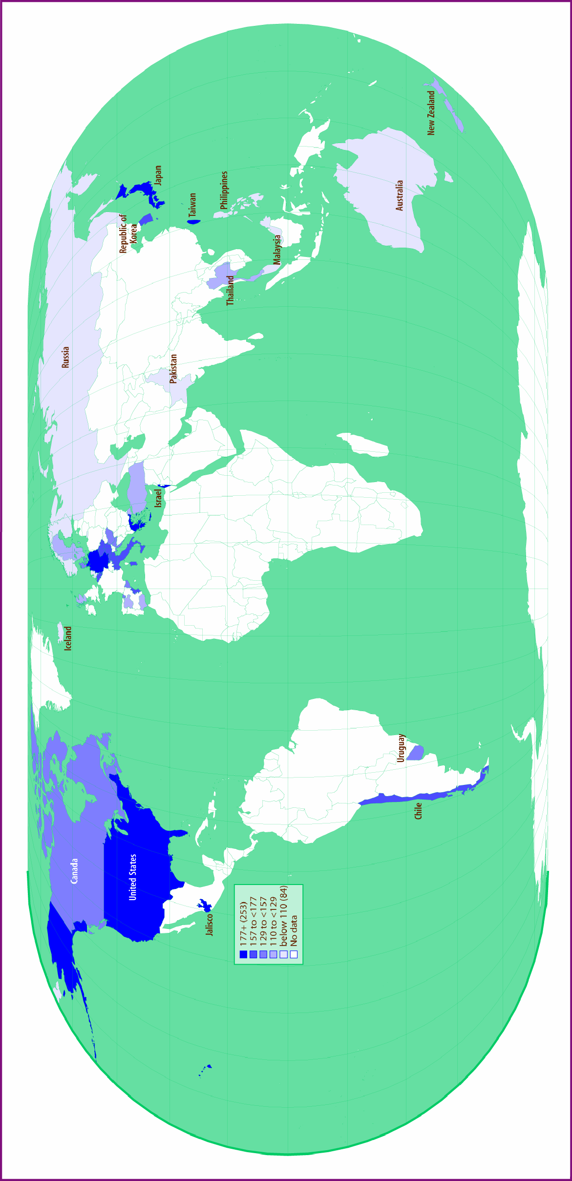 Şekil 1. Dünyada insidansı oranları (milyon popülasyonda). İsrail, Jalisco-Meksika, Japonya, Lüksemburg, Pakistan, Filipinler ve Tayvan verileri yalnızca diyaliz hastalarına ait verilerdir. Figure 1.