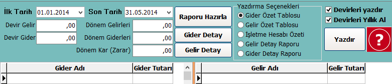 Gelir Gider Raporlama: Gelir ve gider işlemlerine ait girişlerin raporlandığı bölümdür. Raporlama İlk Tarih ve Son Tarih değerleri arasında yapılır.