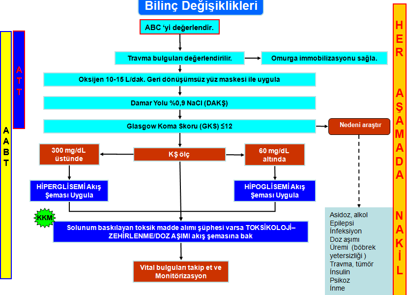 o Kan şekeri 60 300 mg/dl arasında ise ve solunumu baskılayan toksik madde şüphesi varsa KKM ile temasa geçilerek danışman hekimin onayı ile zehirlenme/doz aşımına yönelik acil bakım uygulanır.