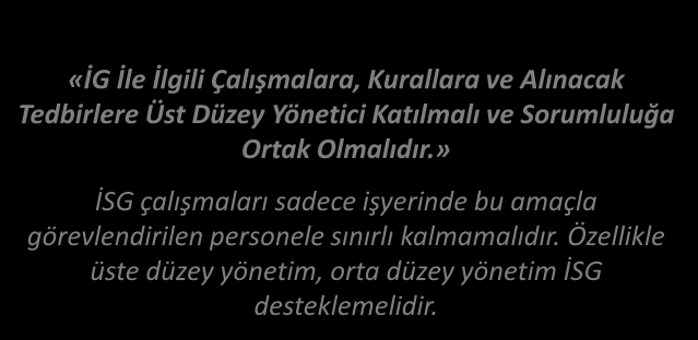 İŞ GÜVENLİĞİ SEKİZİNCİ PRENSİBİ Prensip-8 «İG İle İlgili Çalışmalara, Kurallara ve Alınacak Tedbirlere Üst Düzey Yönetici Katılmalı ve Sorumluluğa Ortak Olmalıdır.