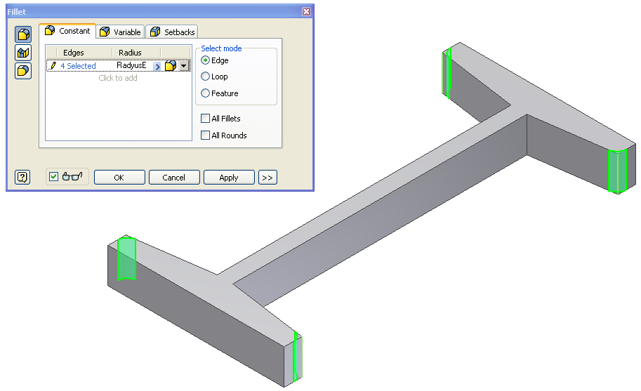 Inventor panelinden Fillet komutunu yeniden çalıştırın. Aşağıda gösterilen iç kenarları işaretleyin ve diyalog kutusunda Radius altına Radyus yazın. OK ile devam edin.