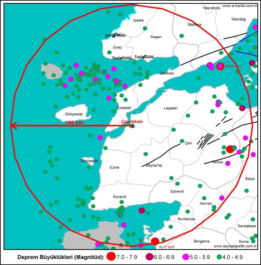 Harita 2.17: Çanakkale ve çevresinde meydana gelmiş, magnitüdü 4.0 ve daha büyük olan depremlerin dağılımı Kaynak: www.sayisalgrafik.com.