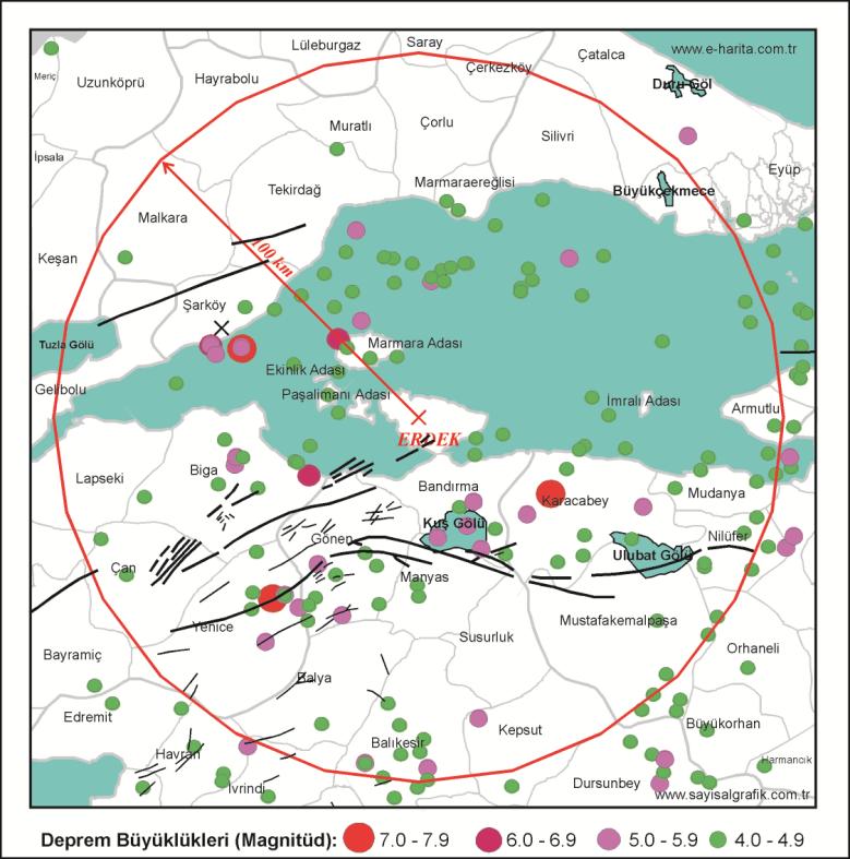 Harita 2.11: Balıkesir ve Çevresinde Meydana Gelmiş, Magnitüdü 4.0 Ve Daha Büyük Olan Depremlerin Dağılımı Kaynak: www.sayisalgrafik.com.
