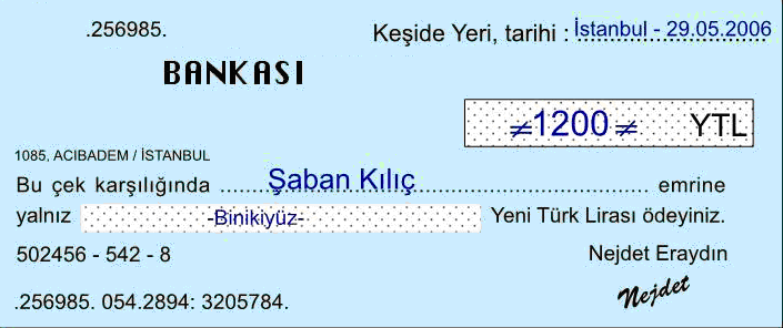 Çekler nama ve ya hamiline şeklinde iki şekilde düzenlenir. Nama yazılı çeklerde alacaklının adı soyadı yazılır. Hamiline yazılı çekte ise isim yerine hamiline çeki elinde bulundurana aittir.