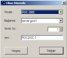 ROC200C-1 için değişiklik yapılmak istenirse, GEPA PC SUITE programında "Cihazlar" penceresinde ROC200C-1 simgesi üzerine önce sol, sonra sağ tıklanır.