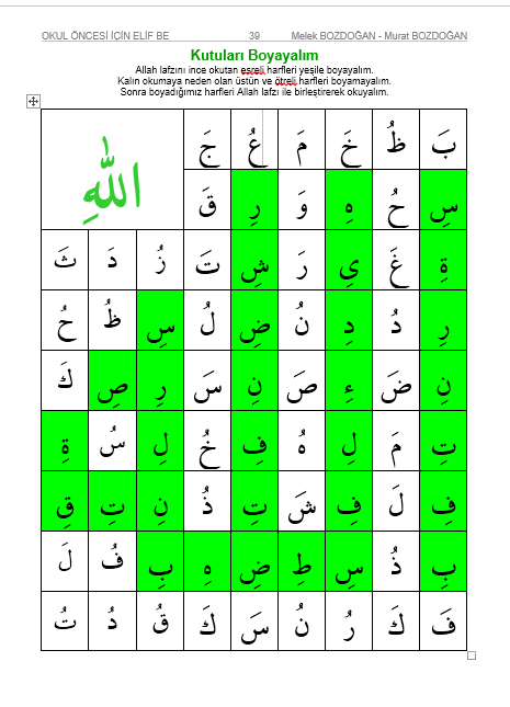 170 Kutuları Boyayalım Allah lafzını ince okutan esreli harfleri yeģile boyayalım. Kalın okumaya neden olan üstün ve ötreli harfleri boyamayalım.